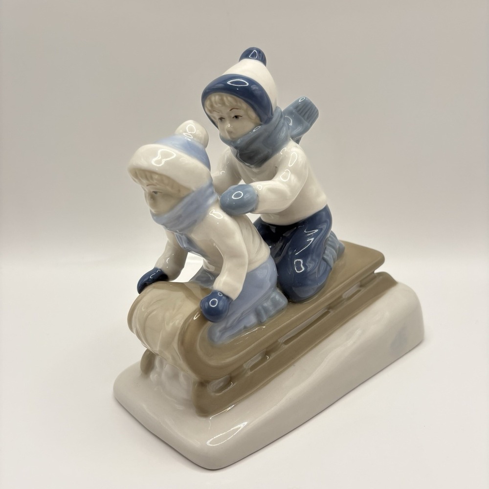 Porcelana De Cuernavaca Children On A Sleigh Mexican Porcelain Figurine Mexico